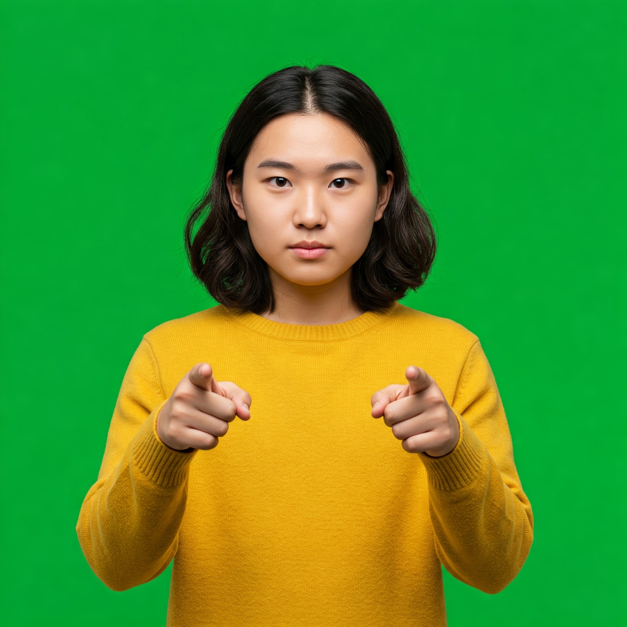 photo of Confident Young Woman Pointing Against Green Screen